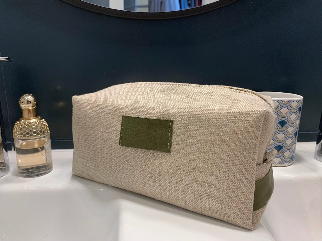 Trousse de toilette chanvre et cuir fait main en France