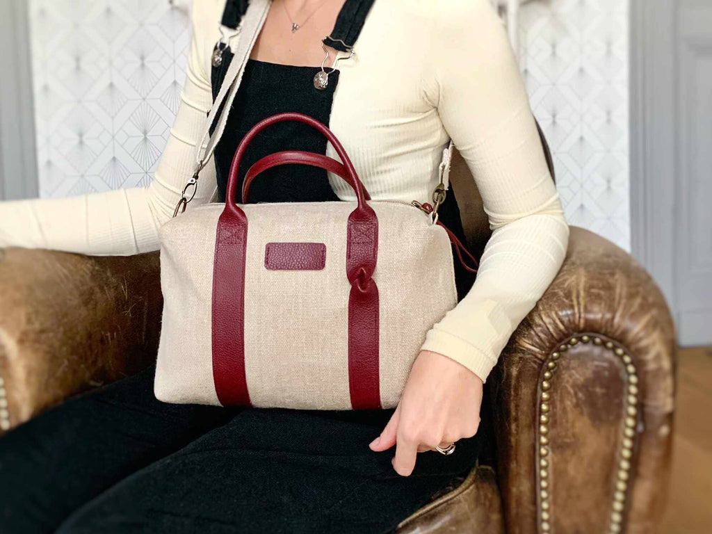Sac cartable bandoulière chanvre et cuir fait main en France