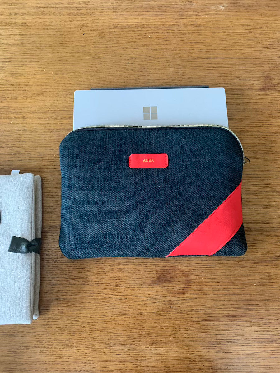 Housse ordinateur éthique chanvre et cuir upcyclé