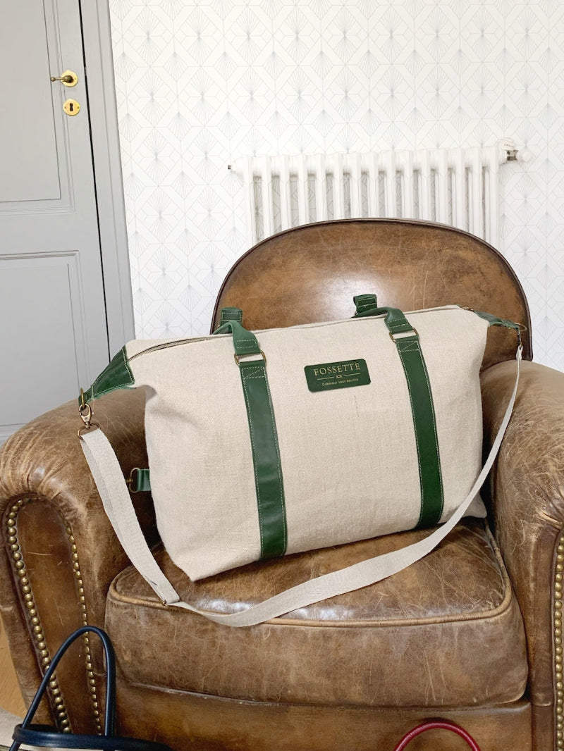 Bagage sac 48h fait en france en chanvre et cuir upcyclé - maroquinerie artisanale et responsable