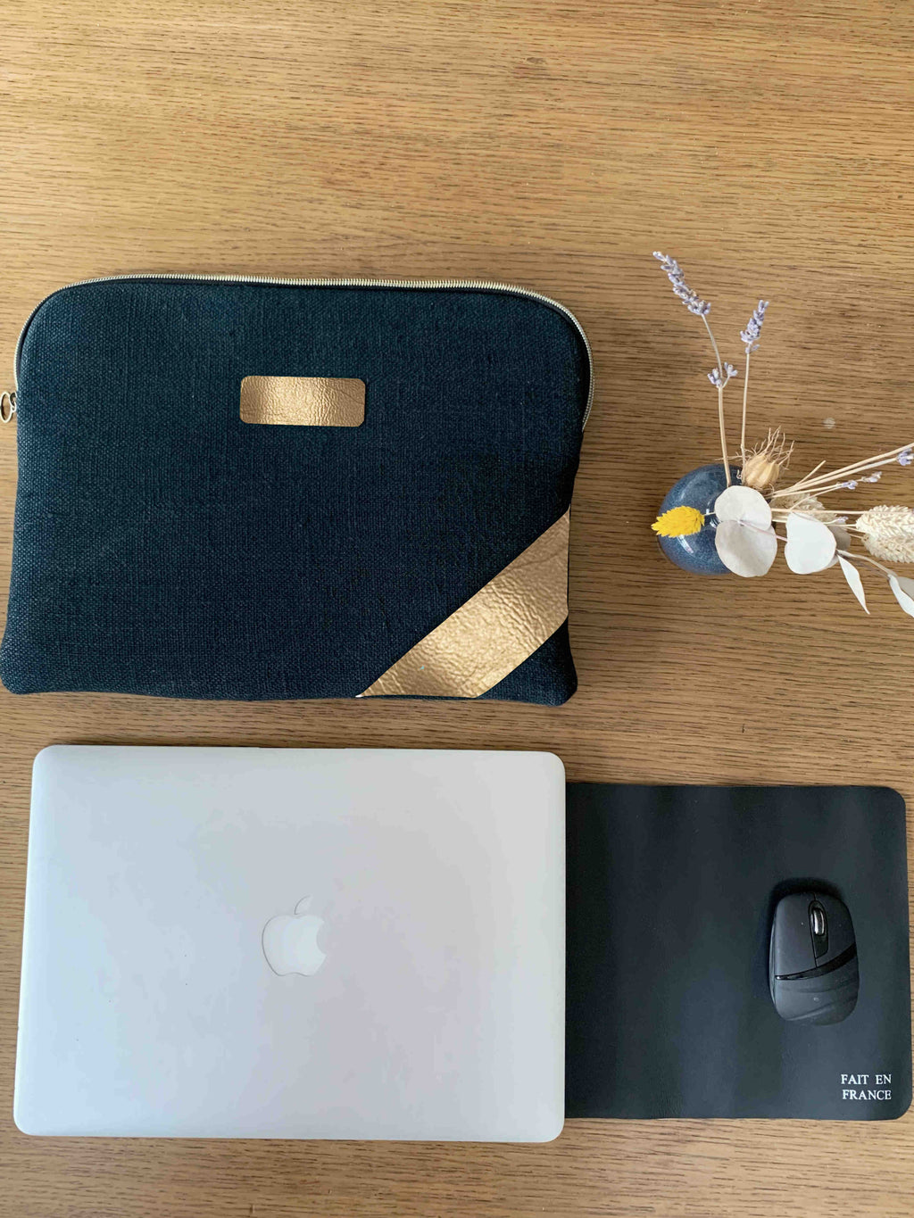 Housse ordinateur | Chanvre épicéa & Cuir