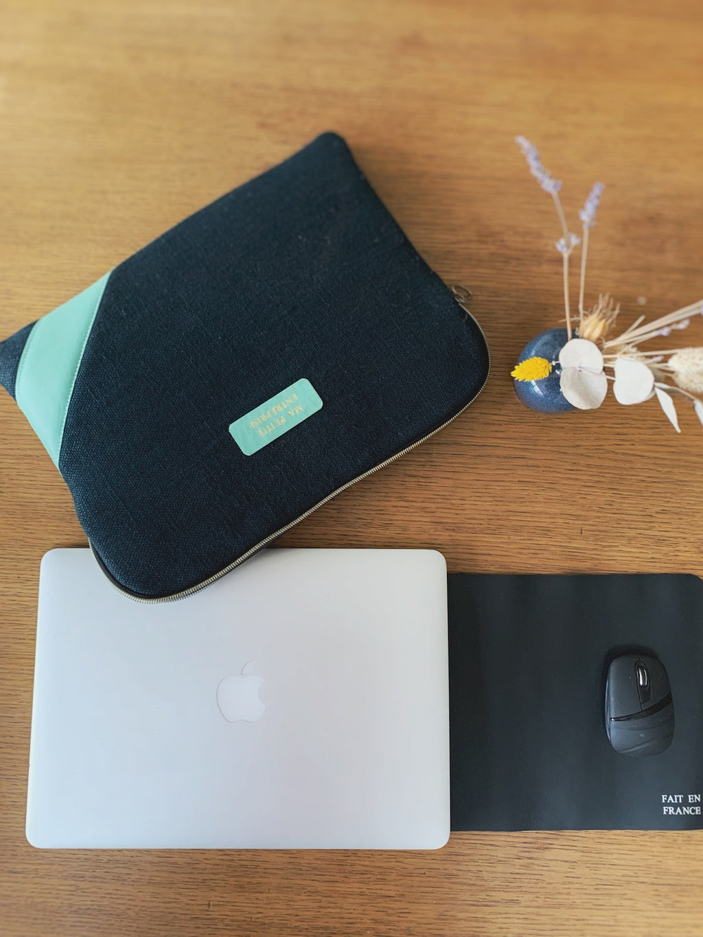 Housse ordinateur | Chanvre épicéa & cuir