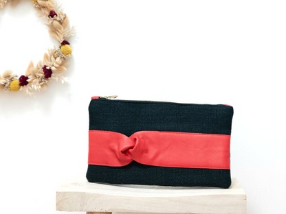 Maxi Pochette chanvre noir et cuir rouge